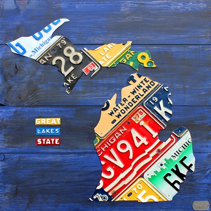 Framed Michigan Blue License Plate Map Print