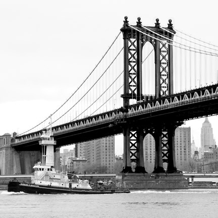 Framed Manhattan Bridge with Tug Boat (b/w) Print