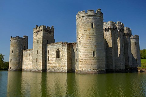 Framed Bodiam Castle (1385), reflected in moat, East Sussex, England Print