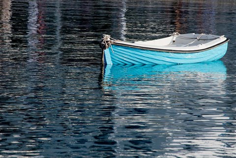 Framed Greece, Cyclades, Mykonos, Hora Blue Fishing Boat with Reflection Print