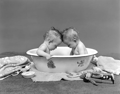Framed 1930s Twin Babies In Bath Tub Print
