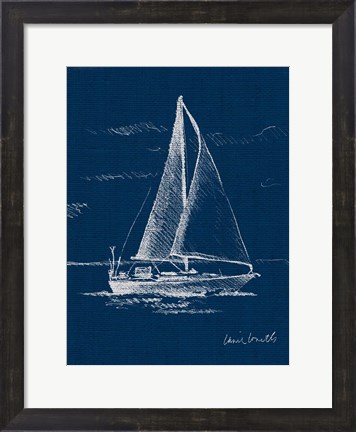 Framed Sailboat on Blue Burlap I Print