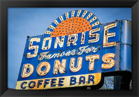 Framed Vintage Neon Sign For Sunrise Donuts Print
