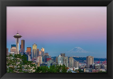 Framed Skyline View Of Seattle With Mount Rainier Print