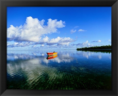 Framed Reflection Of Clouds And Boat On Water, Tahiti Print