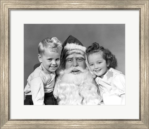 Framed Santa Claus Posing With Young Boy And Girl Print