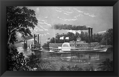 Framed Steamboats Rounding A Bend On Mississippi River Parting Salute Currier &amp; Ives Lithograph 1866 Print
