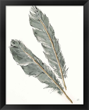 Framed Gold Feathers III Green Print