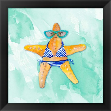 Framed Blue Bikini Starfish on Watercolor Print
