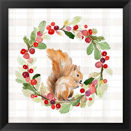 Framed Holiday Woodland Wreath on Plaid II Print