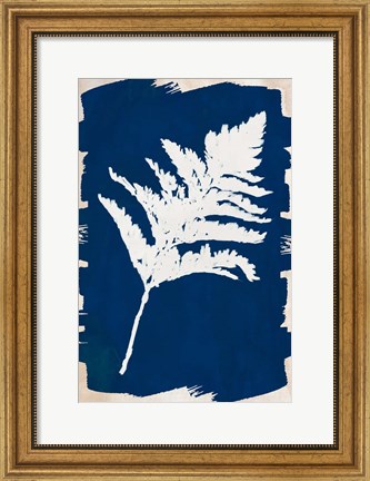 Framed White Leaf on Navy I Print