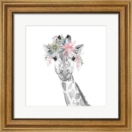 Framed Water Giraffe with Floral Crown Square Print