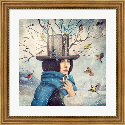 Framed Lady With The Bird Feeder Hat Print
