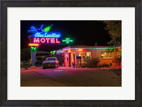 Framed Neon Blue Swallow Motel Print