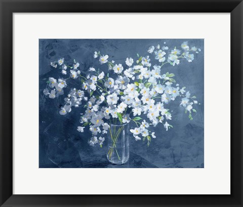 Framed Fresh White Bouquet Dark Blue Print