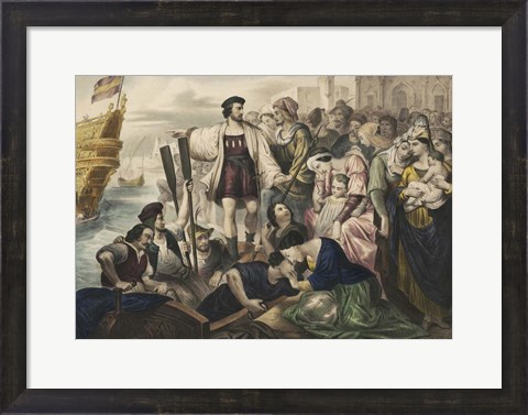 Framed Christopher Columbus leaving the port of Palos, Spain, for the New World Print