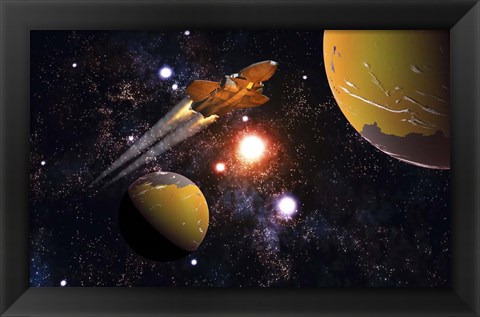 Framed Spaceship Traveling Between Exoplanets Print