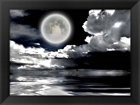 Framed Full Moon Dramatic Clouds Reflected in Calm Wat Print