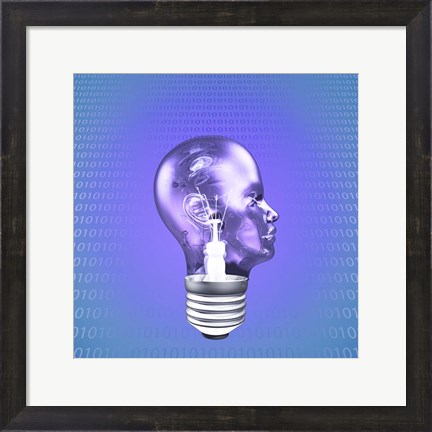 Framed Head Light Bulb With Binary Code Print