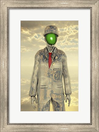 Framed Metallic Man With Face Obscure By Green Apple Print