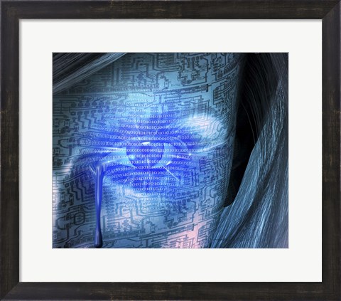 Framed Cyborg Woman Cries Binary Code, Circuit Pattern Print