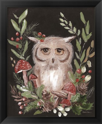 Framed Christmas Owl and Mushrooms Print