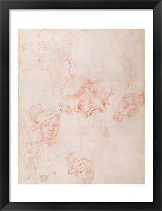 Framed Studies of heads, 1508-12d Print