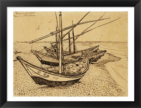 Framed Fishing Boats on the Beach at Saintes-Maries-de-la-Mer, 1888 Print