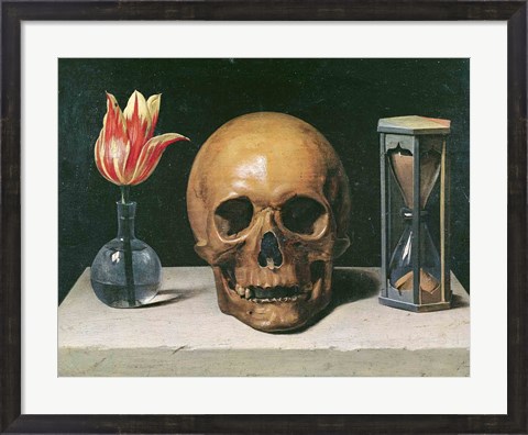 Framed Vanitas Still Life with a Tulip, Skull and Hour-Glass Print