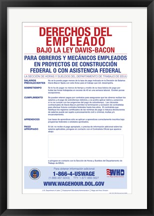 Framed Employee Rights Under the Davis-Bacon Act Spanish Version 2012 Print