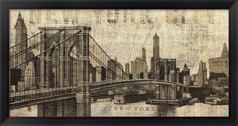 Framed Vintage NY Brooklyn Bridge Skyline Print