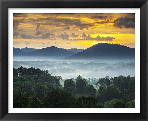 Framed Asheville NC Blue Ridge Mountains Sunset and Fog Landscape Print