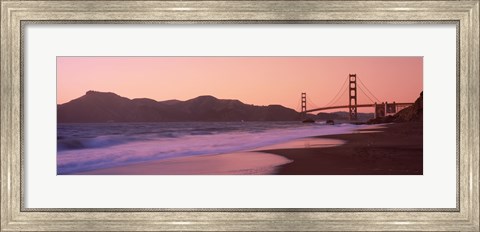Framed Beach and a suspension bridge at sunset, Baker Beach, Golden Gate Bridge, San Francisco, San Francisco County, California, USA Print