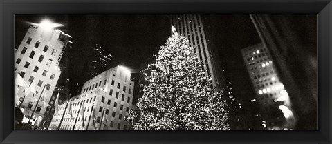 Framed Christmas tree lit up at night, Rockefeller Center, Manhattan (black and white) Print
