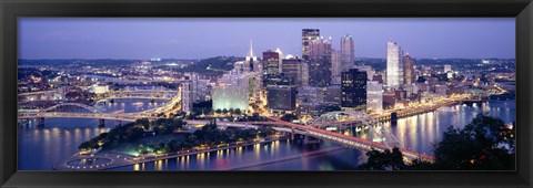 Framed Buildings in a city lit up at dusk, Pittsburgh, Allegheny County, Pennsylvania, USA Print