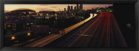 Framed Aerial view at dusk, Seattle, Washington State, USA Print