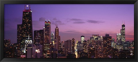 Framed Chicago Buildings lit up at dusk Print
