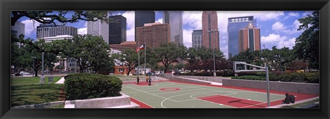 Framed Basketball court with skyscrapers in the background, Houston, Texas Print