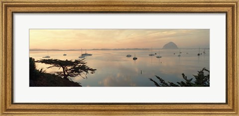 Framed Boats in a bay with Morro Rock in the distance, Morro Bay, San Luis Obispo, California, USA Print
