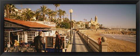 Framed Tourists in a cafe, Tapas Cafe, Sitges Beach, Catalonia, Spain Print