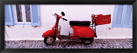 Framed Motor scooter parked in front of a building, Santorini, Cyclades Islands, Greece Print