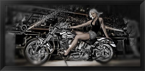 Framed Female model with a motorcycle in a workshop Print