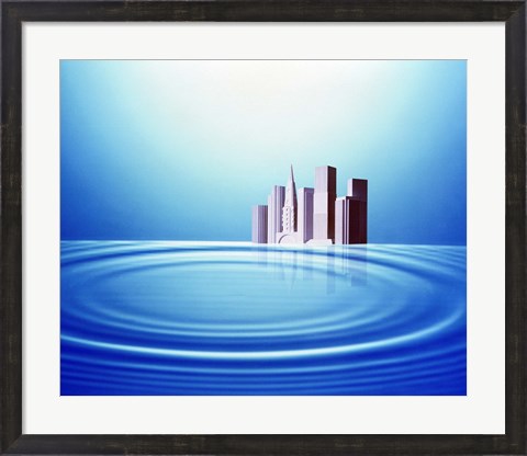 Framed White buildings float behind large water rings bright light overhead Print