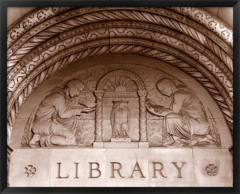 Framed Detail of carvings on the wall of Powell Library, University of California, Los Angeles, California, USA Print