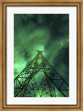 Framed Powerlines and aurora borealis, Tjeldsundet, Norway Print