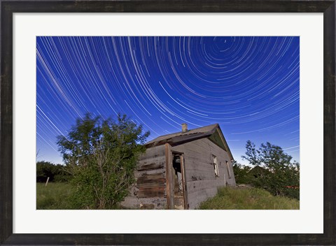 Framed Circumpolar star trails above an old farmhouse in Alberta, Canada Print