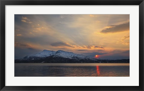 Framed Midnight Sun over Tjeldsundet strait in Troms County, Norway Print