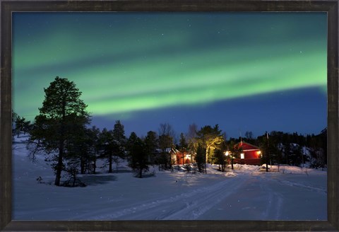 Framed Aurora Borealis over farm houses, Tennevik Lake, Troms, Norway Print