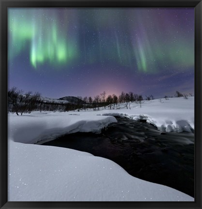 Framed Aurora Borealis over Blafjellelva RIver in Troms County, Norway Print