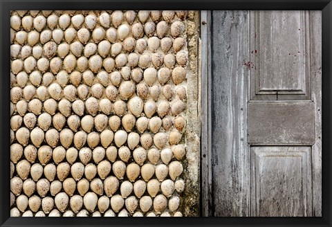 Framed Cowrie shells on wall of building, Ibo Island, Morocco Print